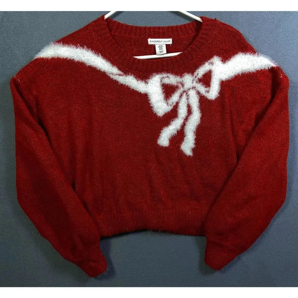 Sincerely Jules Sweater Women XLarge Red Pullover Mock Neck White Bow Preppy